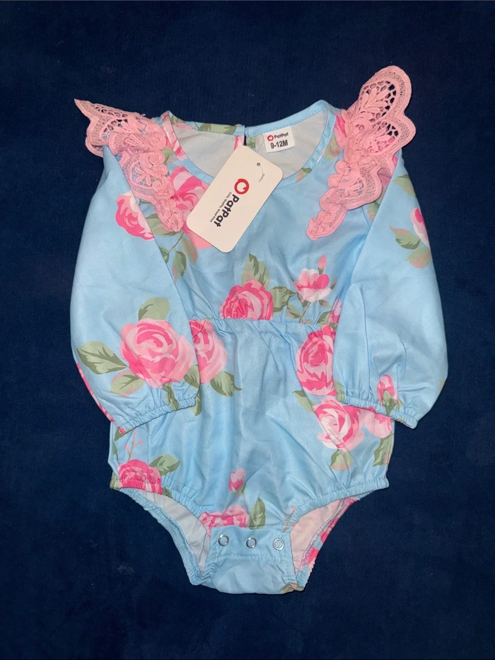Blue Floral Lace-Trim Long-Sleeve One-Piece